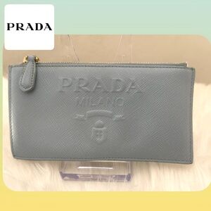 PRADA Embossed Fragment Case Card Saffiano Leather/ Blue Celeste